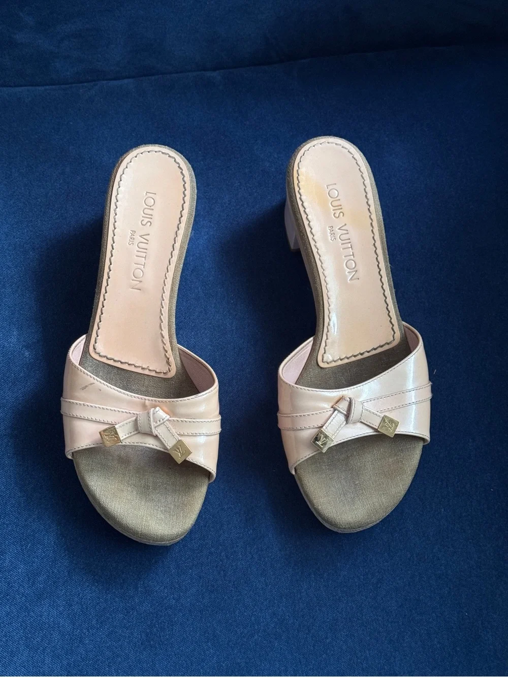 Louis Vuitton Signature Logo Wooden Tan pink Patent Leather Mule Sandals Size 38